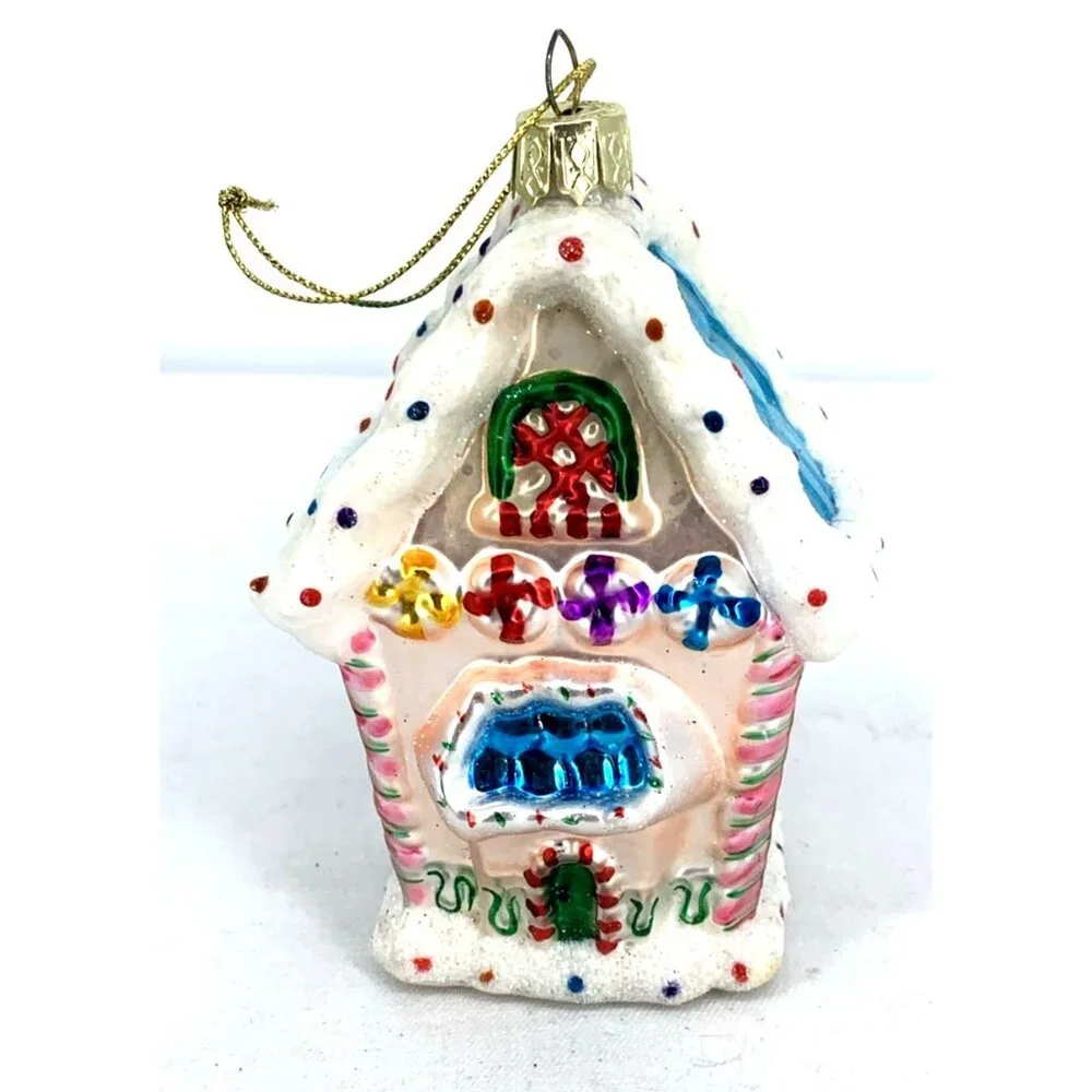 Lao Mai Pink Gingerbread House Glass Christmas Ornament 4 1/2” Tall - Picture 1 of 8